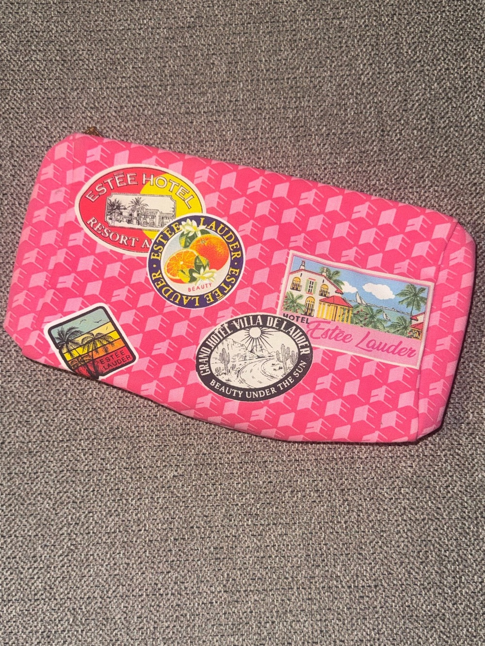 Estee Lauder Pink Travel Cosmetic Pouch with Vintage Resort Stickers